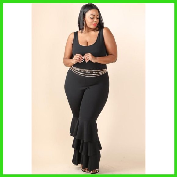 NWT Plus Size Belted Ruffled Ankle Jumpsuit Black - Picture 2 of 5